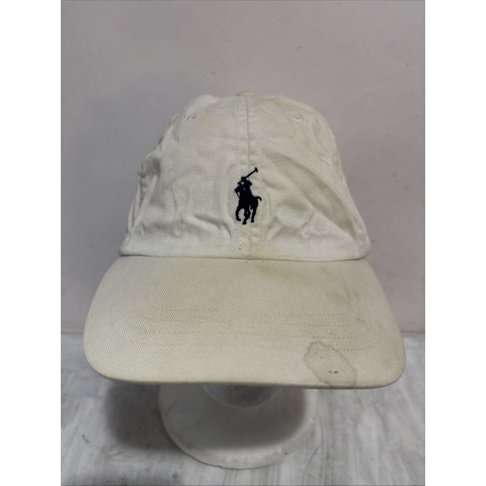 Polo Ralph Lauren Adult  White Cotton Chino Baseball Cap Pony Logo OS Stains